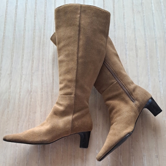 Chadwicks Vintage Suede Leather Knee-High Block Heel Camel Zip Short Heel Boots - Picture 1 of 16